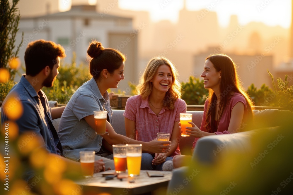Obraz premium Happy Friends Drinking Beer On Rooftop Bar At Sunset