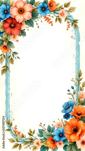 Elegant floral frame with orange blue peach flowers and green leaves on white background