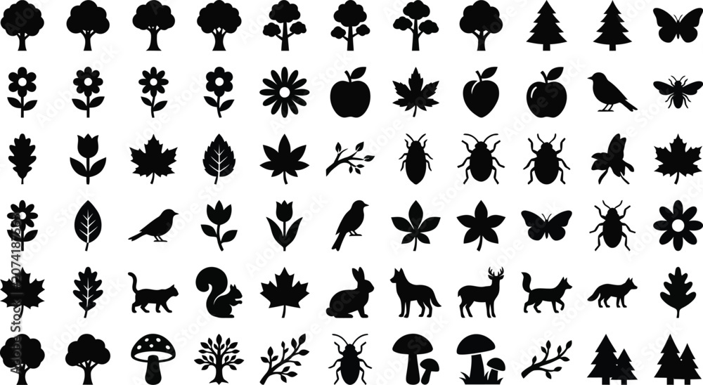 Obraz premium Black silhouettes of forest and garden including trees, flowers, animals, and insects forest garden trees