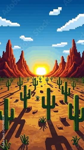 Pixel Art Desert Landscape with Cacti and Mountains at Sunset.