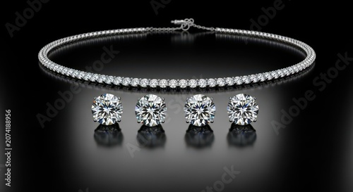 Luxurious display of a brilliant cut diamond necklace and matching earrings resting on a smooth, highly reflective black surface, display, style, black