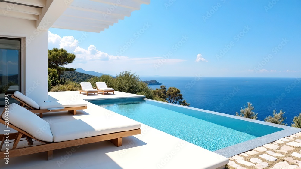 Fototapeta premium Luxurious modern villa with infinity pool overlooking beautiful clear blue ocean and scenic sky