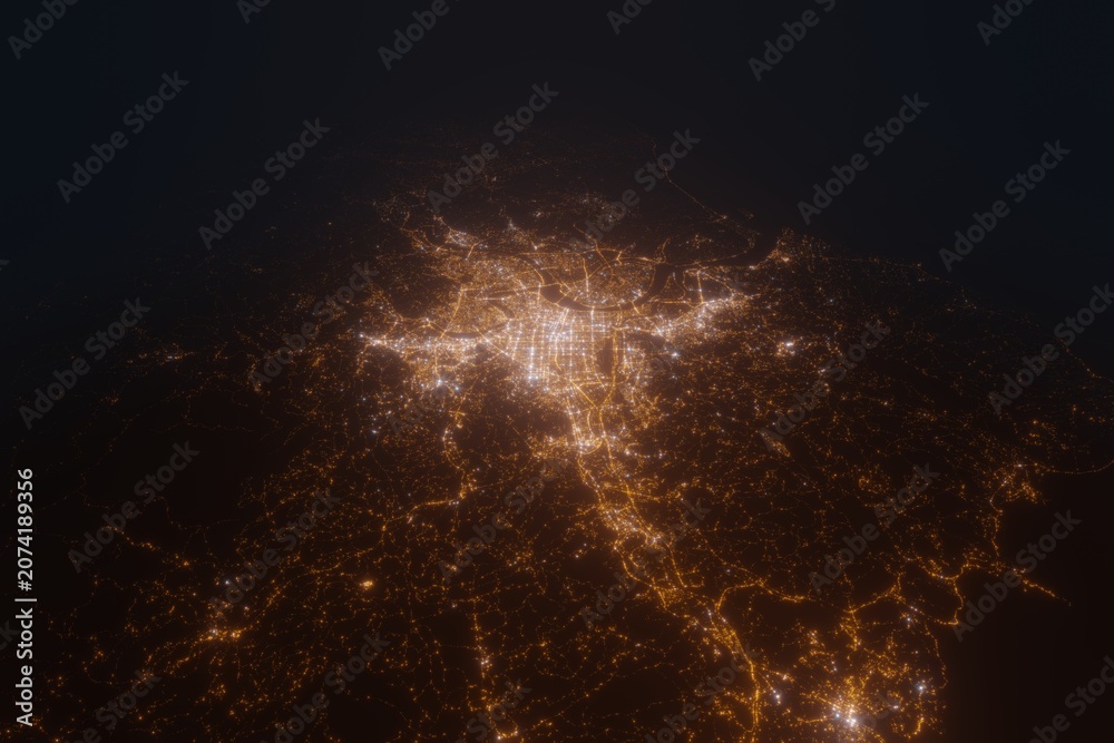 Fototapeta premium Aerial view on New Taipei (Taiwan) from east. Satellite view on modern city at night