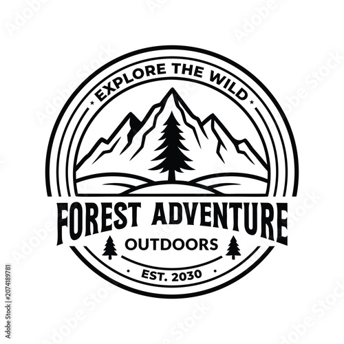 Vintage Mountain Adventure Logo Badge with Pine Tree and Outdoor Typography