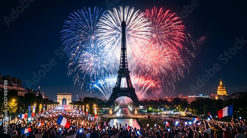 A spectacular fireworks display illuminates the night sky over the Eiffel Tower in Paris, France, during a festive celebration with a large crowd waving French flags along the avenue.