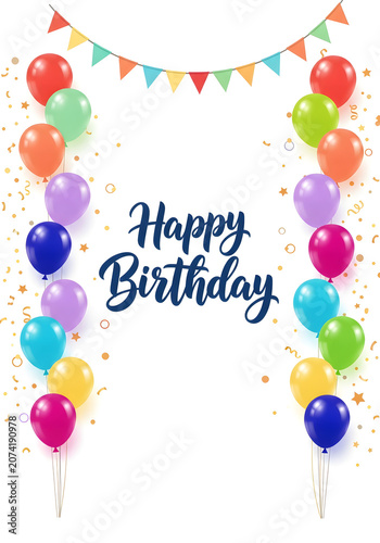 Vibrant Happy Birthday Card with Balloons Bunting and Golden Confetti Decorations