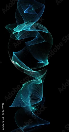 Abstract animated background of glowing particle wave composed of thousands of luminous dots forming a flowing digital ribbon. Suitable for technology, data visualization, 3D, and futuristic concepts