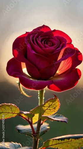 Red rose with green leaves in garden