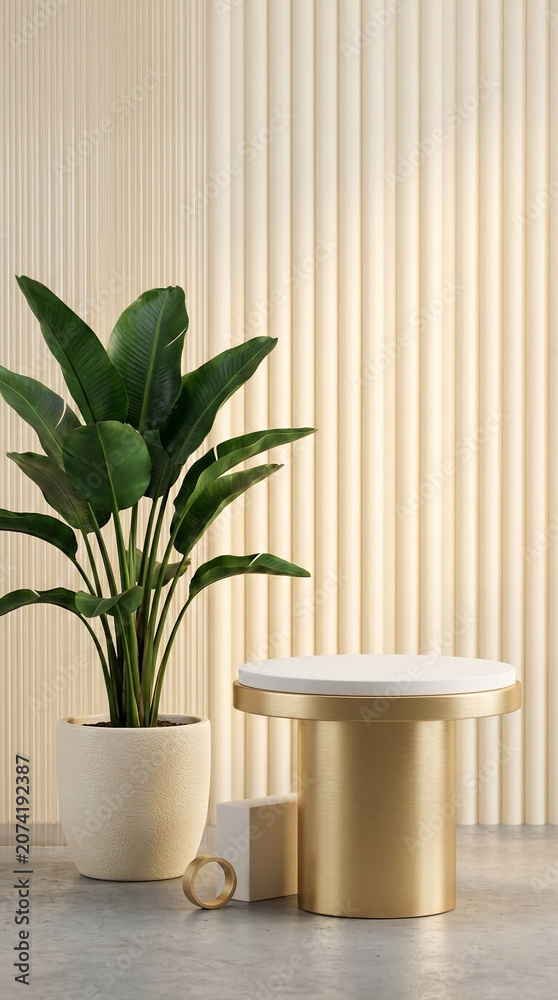 Fototapeta premium A golden display podium and a potted green plant against a ribbed cream background, symbolizing nature, luxury, and product presentation