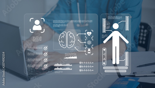 Fotografie businessman holding a digital healthcare symbol with medical network icons represents online medical services, protection, and modern technological innovation