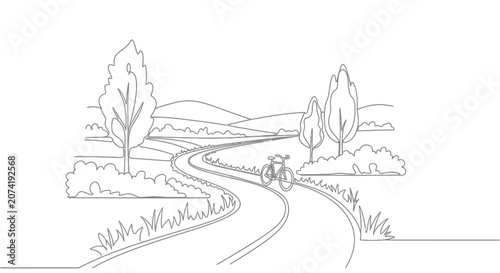 Curving road with bicycle, trees, and rolling hills, line art illustration