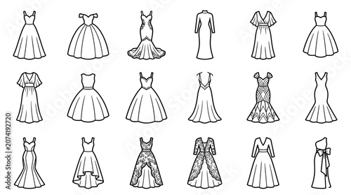 Obraz na plátně Elegant Luxury Wedding Dress Collection Line Art Sketches Editable Stroke Design