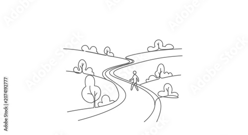 Canvastavla Solo traveler walking on winding road through rolling hills and trees, line art illustration