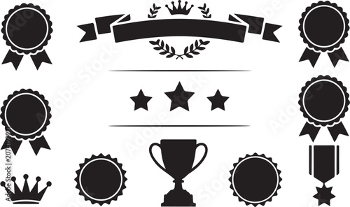 Award Badge and Ribbon Vector Set with Trophy, Crown and Star Icons