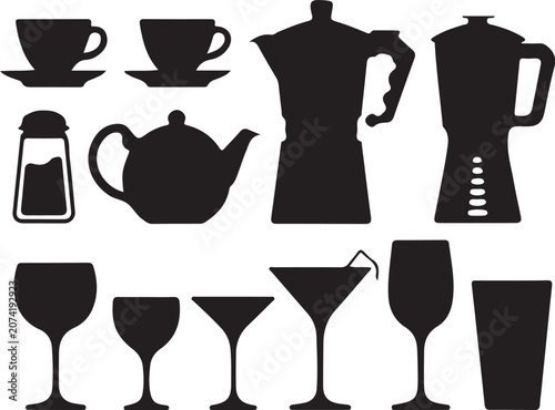 Coffee and Beverage Drinkware Silhouette Icons Set with Cups Glasses Teapot and Moka Pot Vector Collection