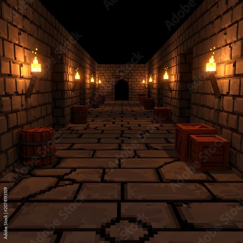 Pixel Art Dungeon Corridor with Torches and Barrels.