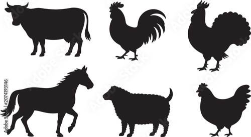 Farm Animal Silhouette Collection Vector Set Isolated on White Background