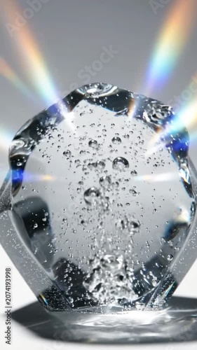 Abstract close-up of a rotating clear crystal with trapped air bubbles and rainbow light refraction