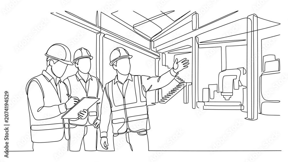 Obraz premium Continuous line drawing of three construction engineers discussing a project