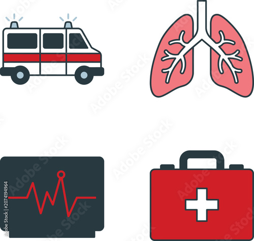 Medical icons including an ambulance, lungs, a first aid kit, and a defibrillator in a vector icon set for health and emergency flat design.