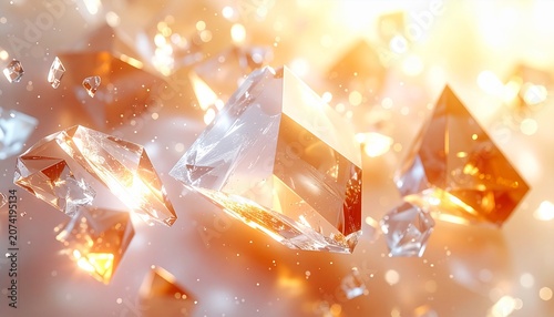 Sparkling crystals float in mid-air, illuminated by warm light, showcasing facets and textures in a mesmerizing display.