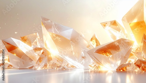 Shining crystals are scattered on a reflective surface in sunlight.