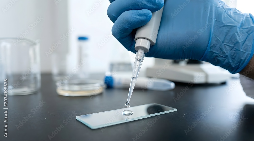 Fototapeta premium Scientist using micropipette to drop liquid sample onto glass microscope slide in laboratory.