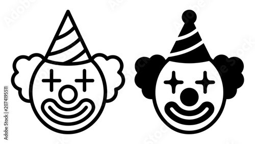 Canvas Print Black and white clown faces with party hats in outline and solid styles on trans