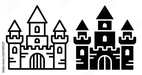 Outline and solid style castle icon set with towers and arched doors on transparent background