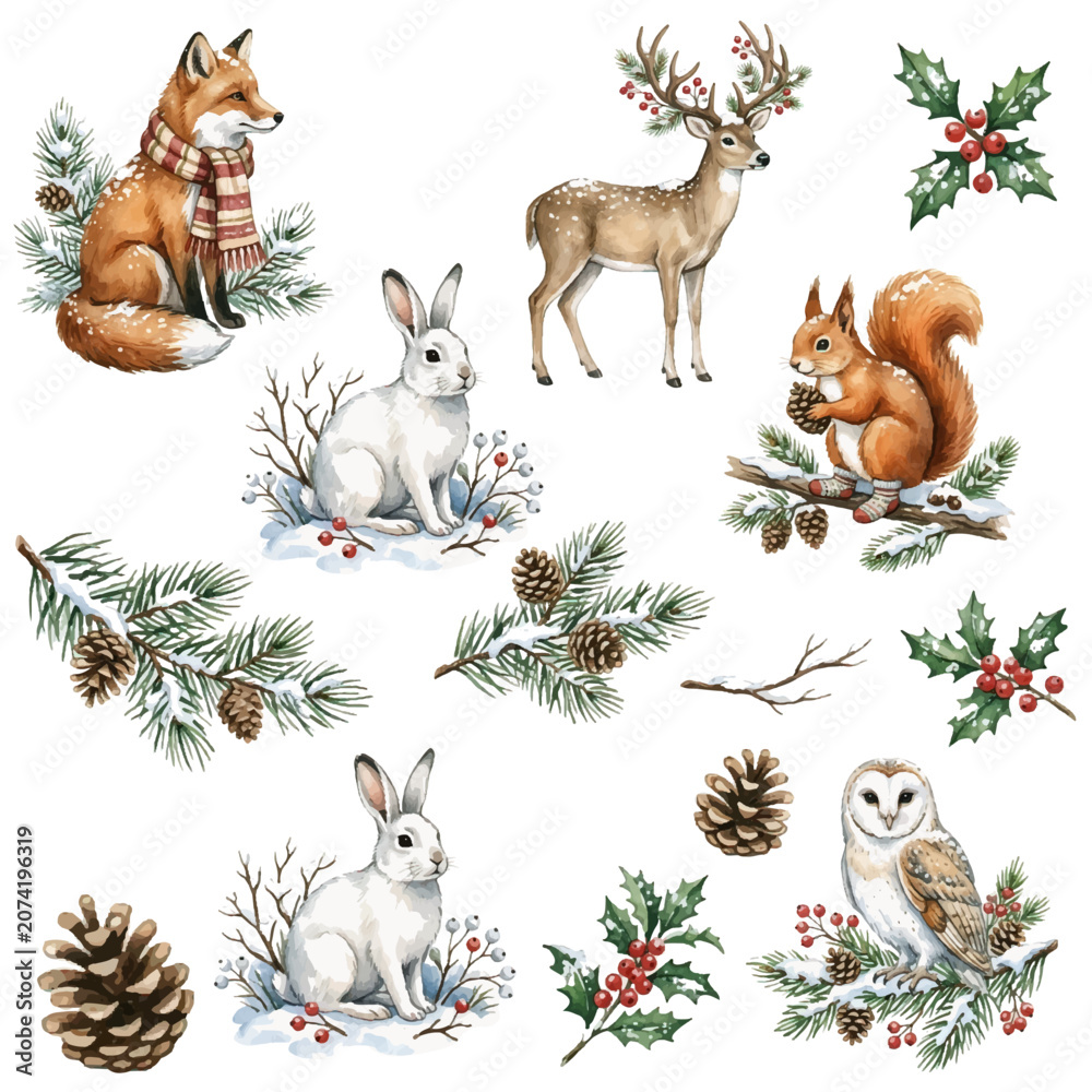 Naklejka premium Cute Christmas Seamless Pattern with Deer Trees Snowflakes Gifts and Festive Holiday Vector Illustration Set for Wrapping Paper Textile Fabric Background and Seasonal Decoration