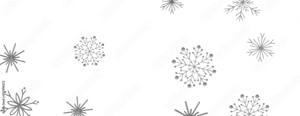 Fototapeta premium Elegant winter pattern with scattered silver snowflakes on a clean white background.