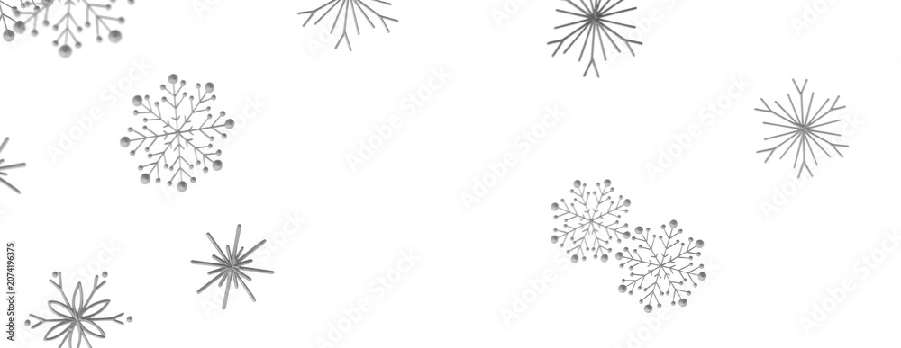Fototapeta premium Elegant silver snowflakes falling gently on a clean white background.