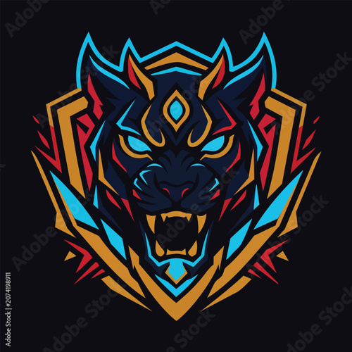 Fierce wolf mascot head illustration with bold geometric shapes, neon blue, red, and gold accents, ideal for esports logos, gaming teams, apparel prints, posters, and branding projects.