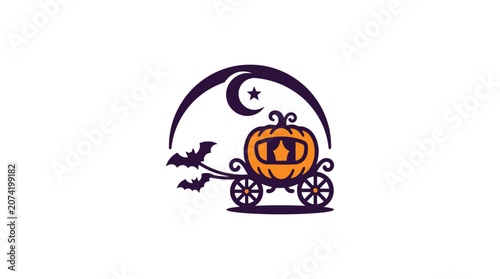 Minimalist flat design Halloween haunted pumpkin carriage icon in black and white silhouette style perfect for seasonal celebration apps websites and festive decorations with spooky autumn t