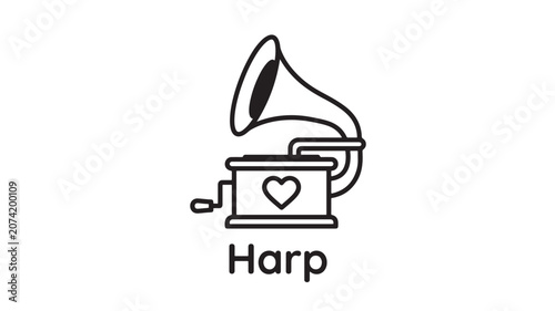 Vintage Record Player with Heart Logo and Harp Text Featuring Retro, Music, Audio with Black and White Elements for Line Art, Illustration Projects