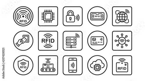 Rfid Icons Depicting Various Technology Applications and Concepts Featuring Vector, Illustration, Symbol with Design and Wireless Elements