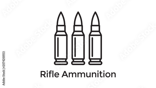 Rifle Ammunition with Three Bullets and Text Label on White Background Featuring Gun, Cartridge, Black with Outline and Vector Elements
