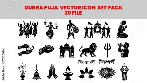 Durga puja vector icon set pack with 20 files for festival celebrations and cultural designs