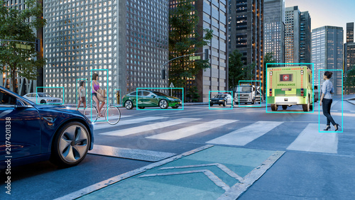 3D render of an autonomous vehicle approaching a crosswalk