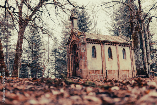 Historic chapel at Lac de la Maix in the Vosges Mountains, France