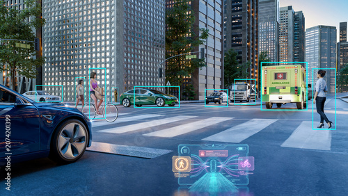 3D render of an Autonomous Electric Vehicle Interior with AI Object Detection in a Smart City
