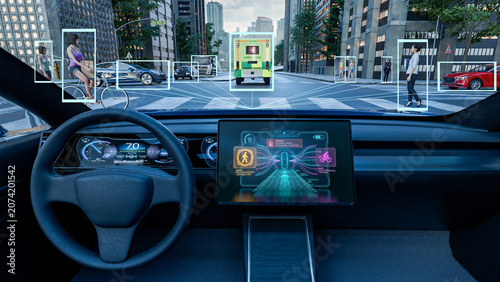 3D render of an Autonomous Electric Vehicle Interior with AI Object Detection in a Smart City