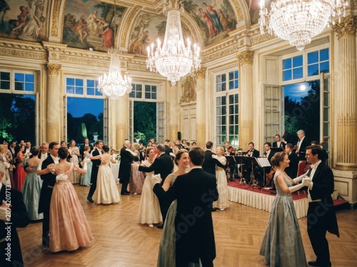 Elegant ballroom scene with couples dancing in formal attire, featuring grand chandeliers, ornate ceiling paintings, and a live orchestra in a historic venue