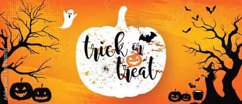 Halloween trick or treat banner with white pumpkin, spooky trees, bats, ghost, witch, spider web, and jack-o'-lanterns on an orange grunge background.