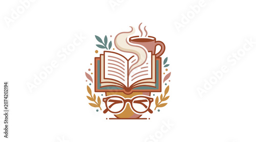 Cozy Reading Scene: Open Book, Steaming Coffee Cup, and Glasses with Autumn Leaves