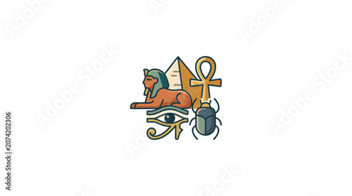 Ancient Egyptian Symbols: Sphinx, Pyramid, Eye of Horus, Ankh, Scarab Beetle Illustration