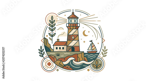 Vintage Lighthouse Guiding Sailboat at Dusk with Moon and Stars