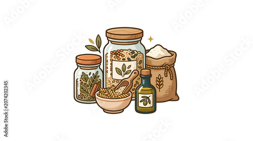 Natural Ingredients: Herbs, Grains, Flour, and Olive Oil in Jars and Sacks