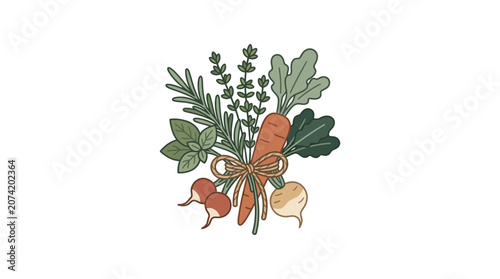 Fresh Garden Vegetables Bouquet with Herbs and Ribbon - Healthy Eating Concept
