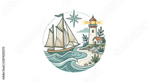 Vintage sailboat near lighthouse on rocky coast, nautical illustration
